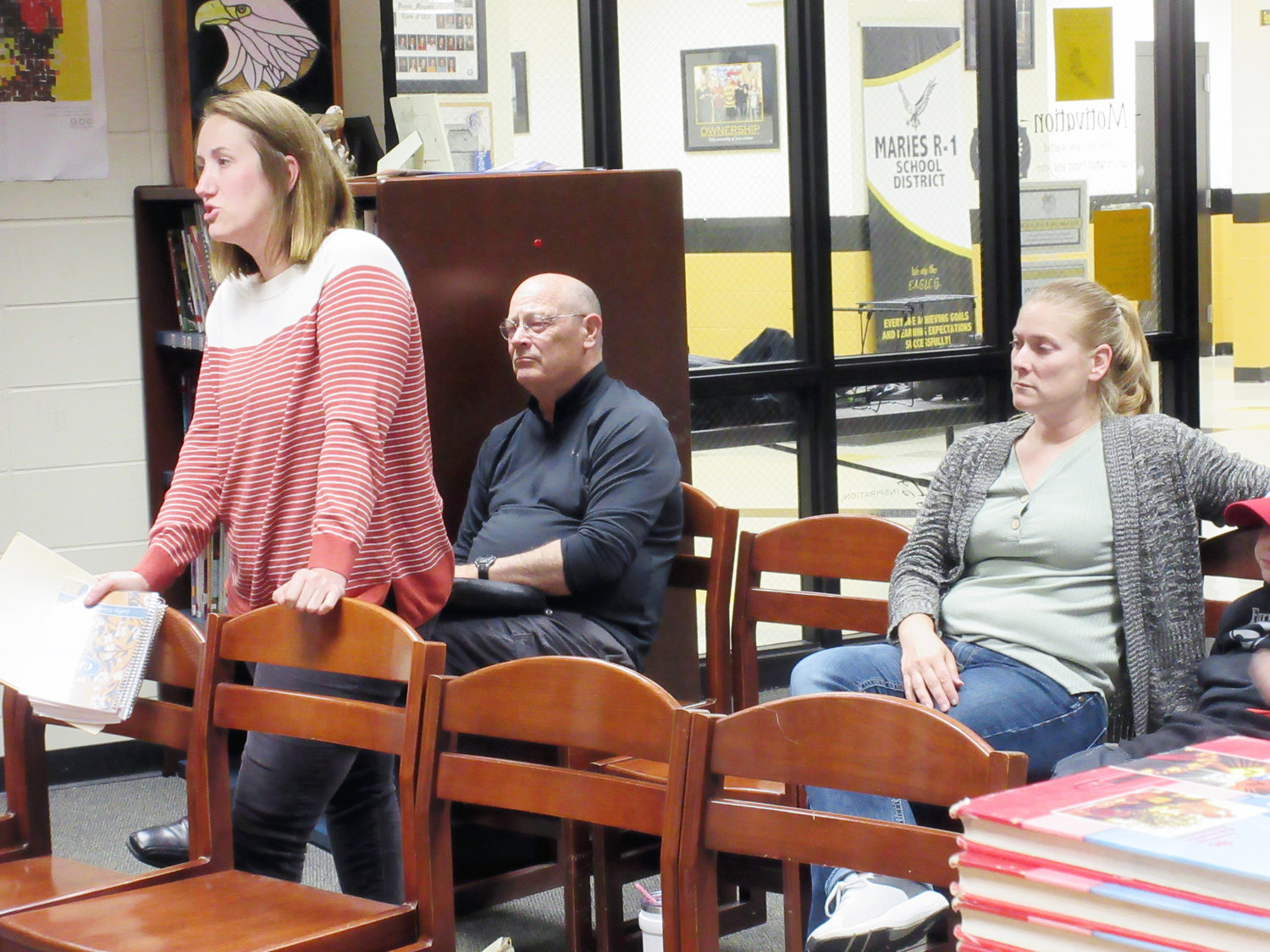Deacon Michael Brooks and Visitation Inter-Parish School (VIPS) parents, Courtney Jeremy and Beth Wulff were present to answer any questions the school board members have about allowing VIPS students on R-1 athletic teams.